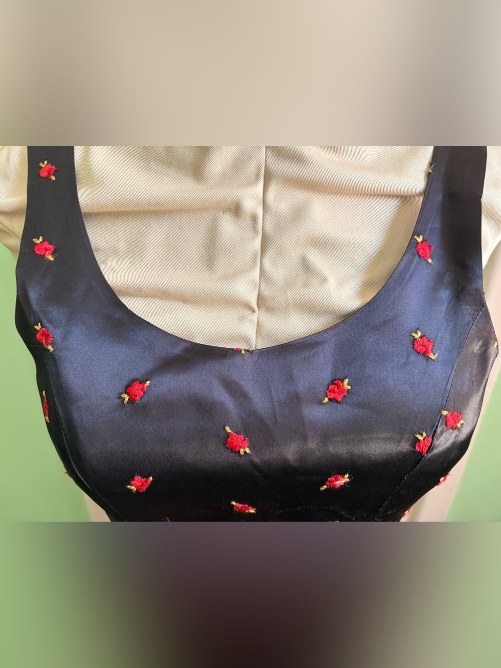 Rare! Vintage Betsey Johnson Black Satin Mini Dress with Red Rose Embroidery - Picture 3 of 11